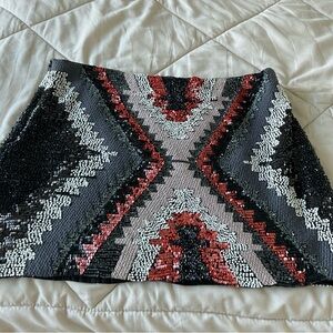 Zara Black, Red & Gray Sequin Geometric Mini Skirt